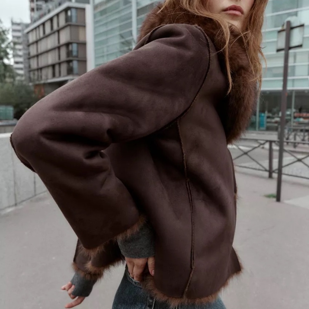 ZARA REVERSIBLE DOUBLE-FACED OVERSIZED FAUX FUR FAUX SUEDE LUXURY CHIC JACKET XS